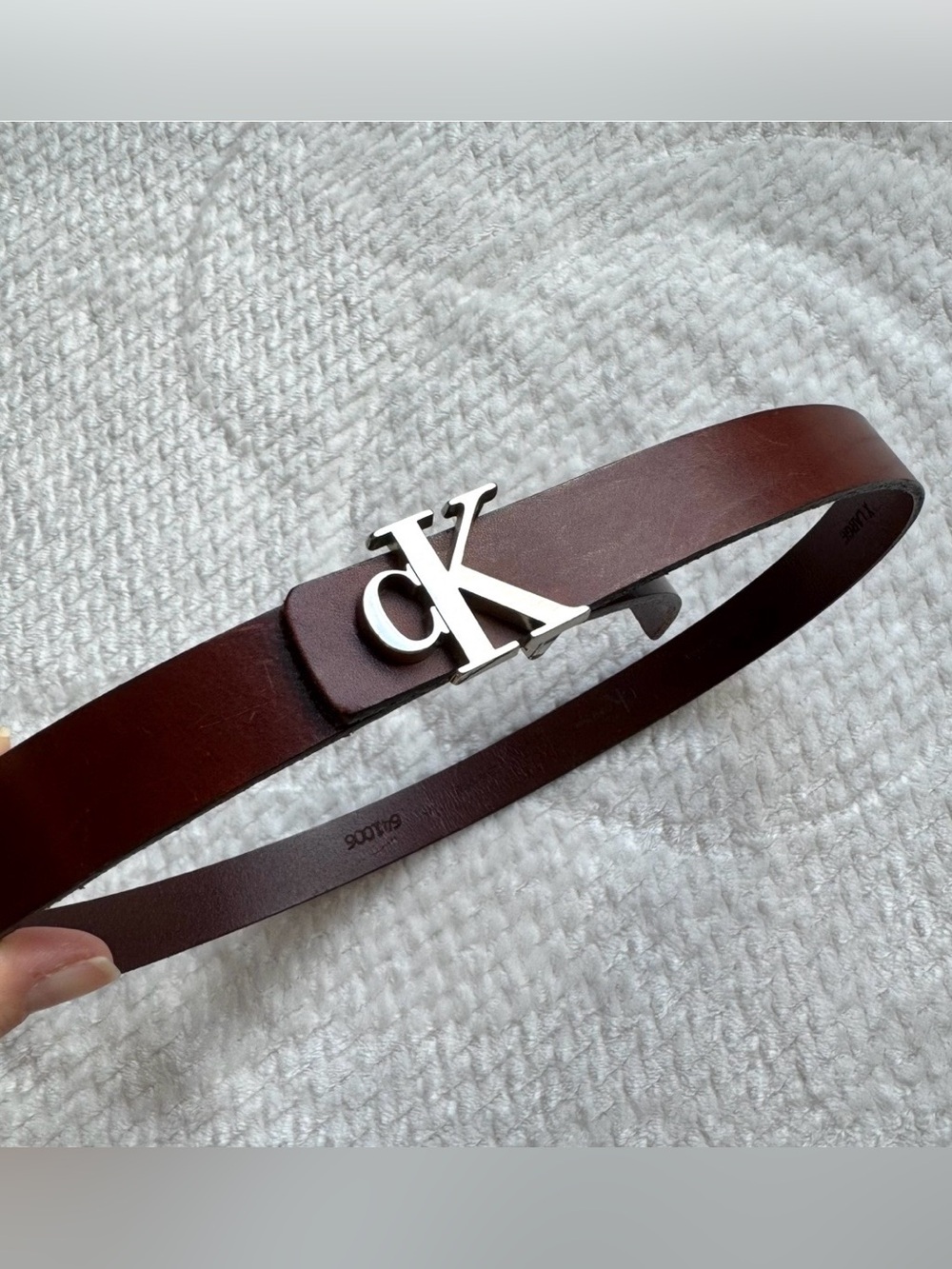 Calvin Klein Leather CK Logo Belt Women's 36 L Italian Saddle Leather Brown USA